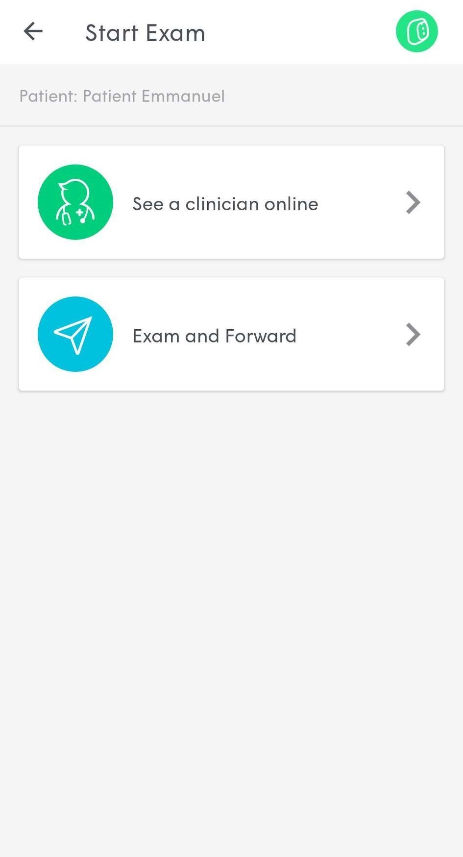 TytoCare App Start Exam Page