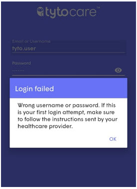 Wrong Username or Password Error Screen